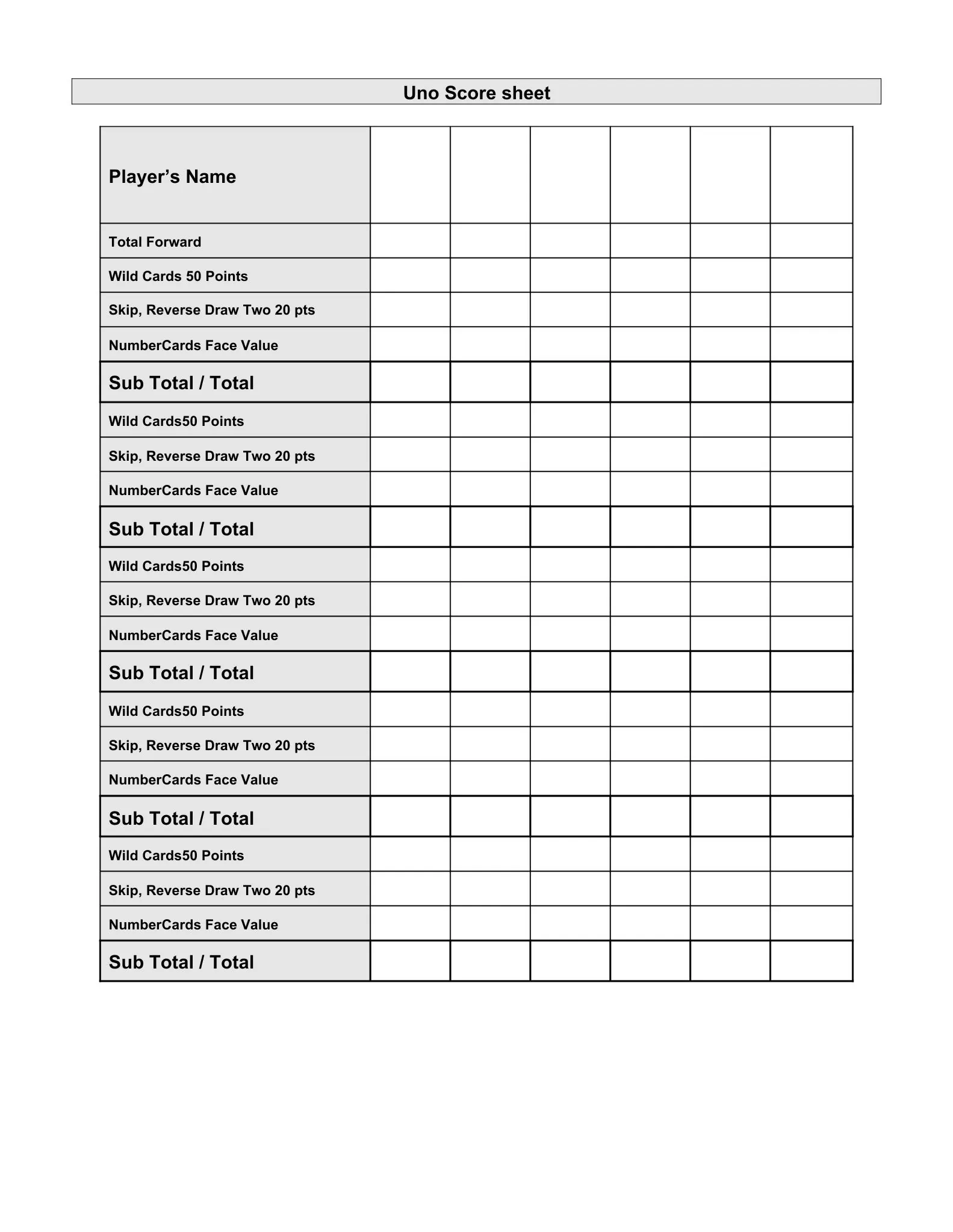 uno score sheet