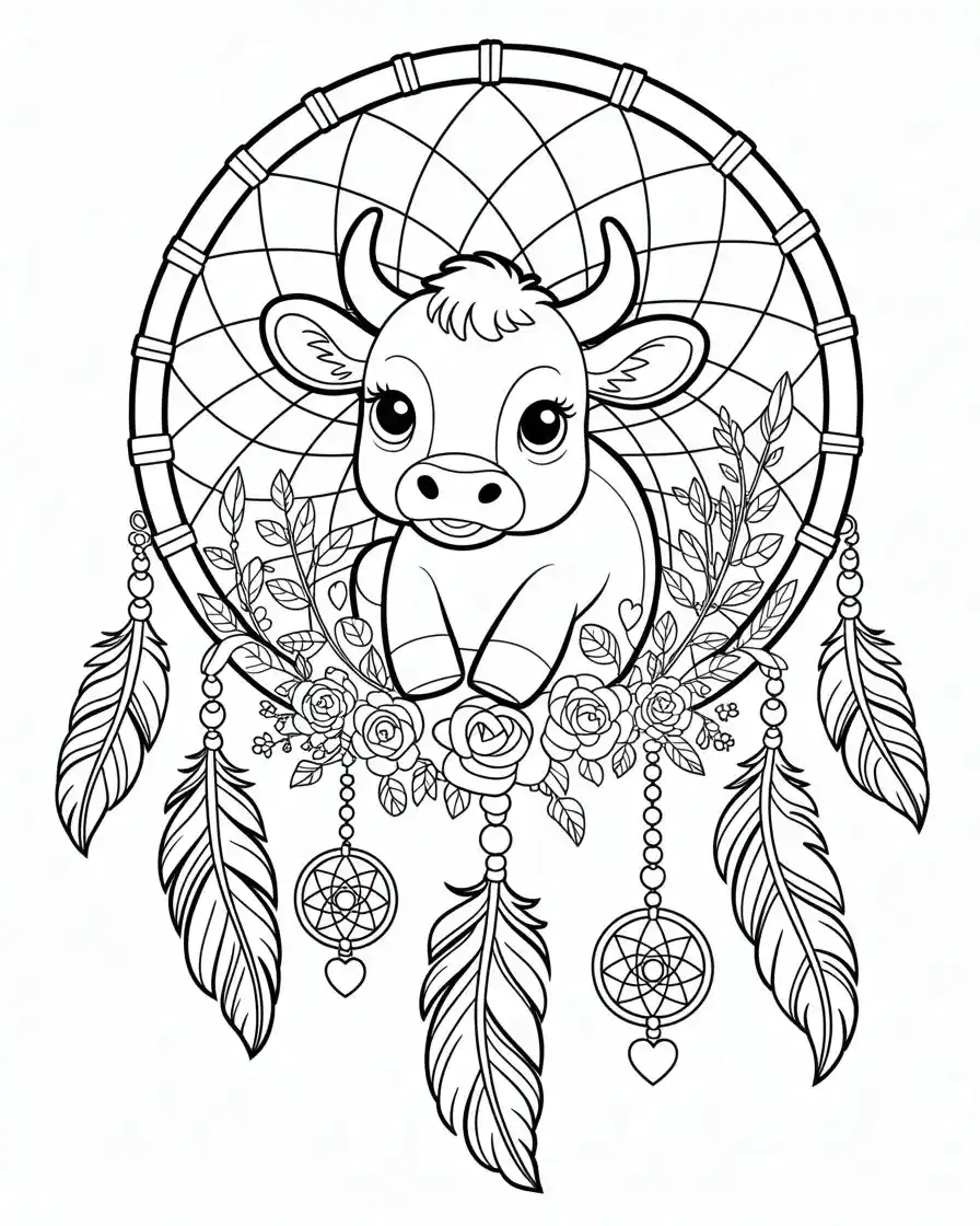 adorable cow in dreamcatcher with feathers