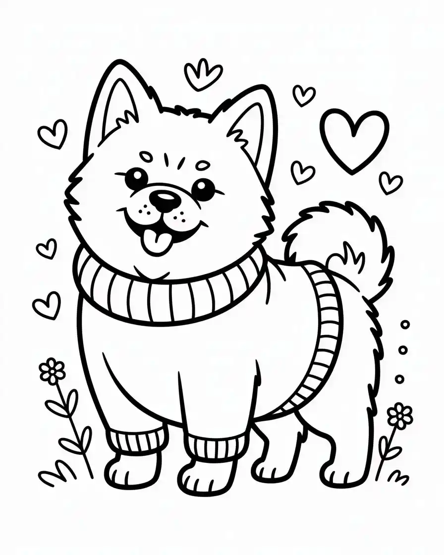 akita dog in sweater coloring page 1