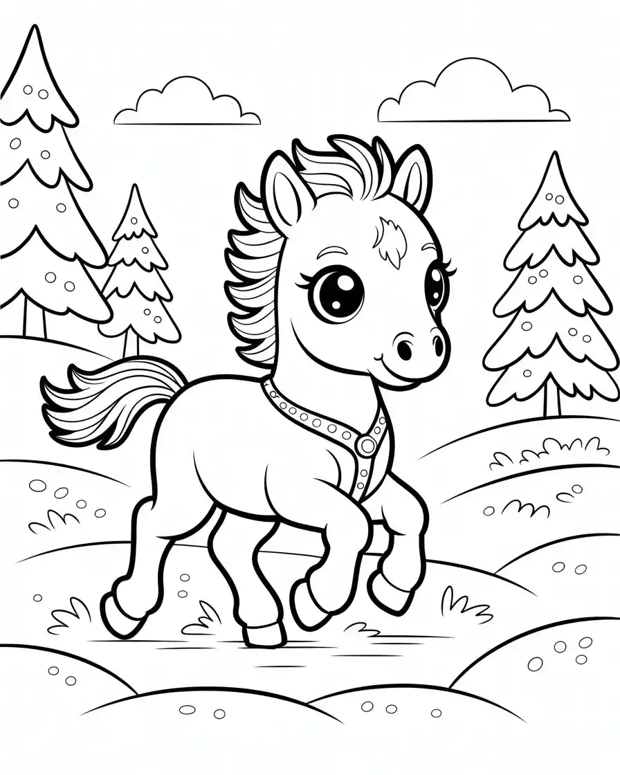baby horse trotting in forest coloring page 1
