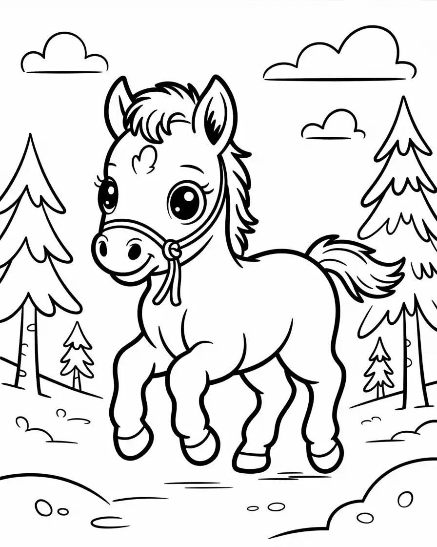 baby horse trotting in forest coloring page