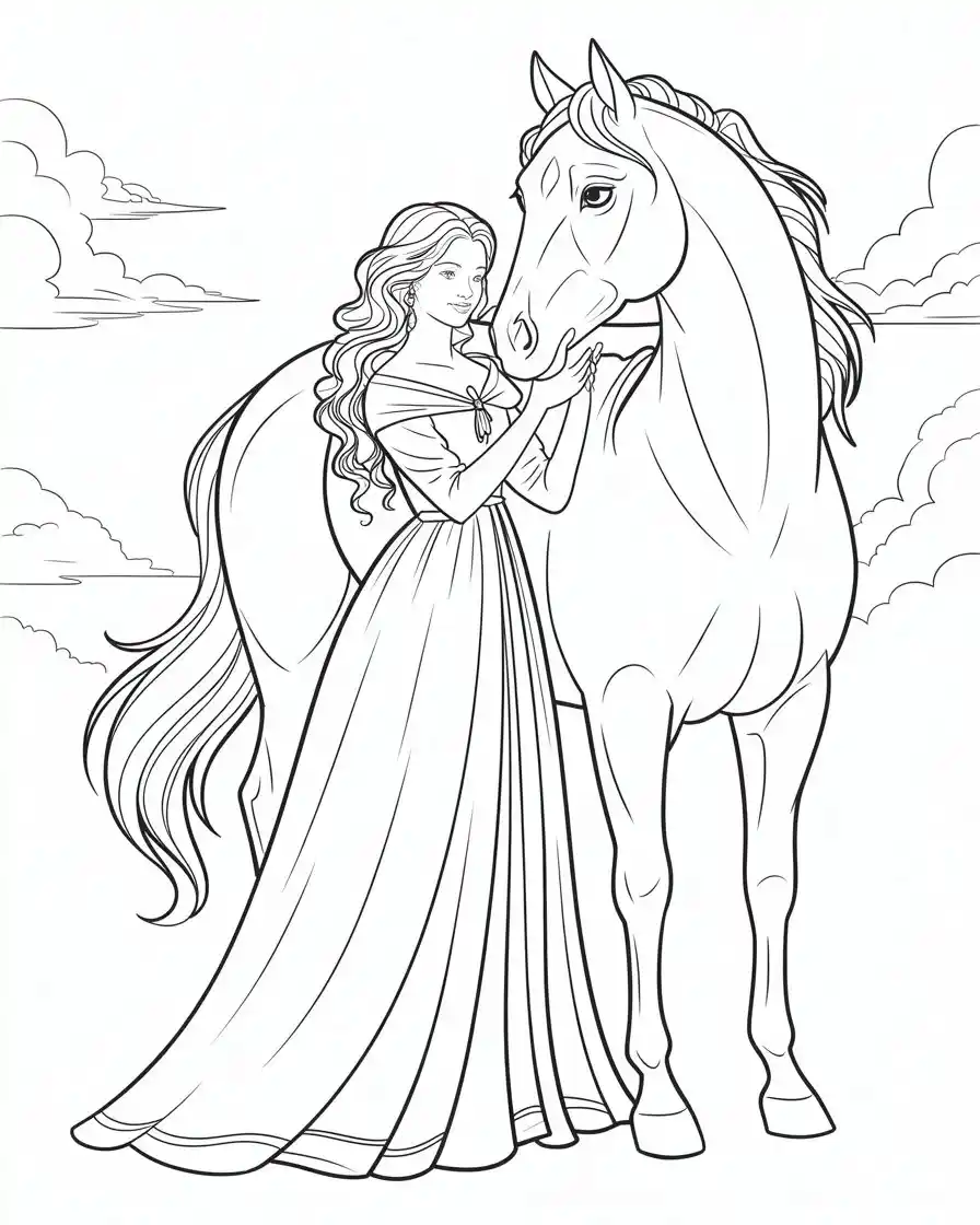 beautiful lady holding her horse coloring sheet 1