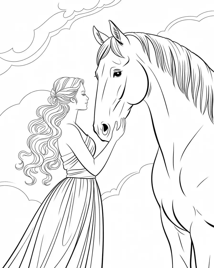 beautiful lady holding her horse coloring sheet 2
