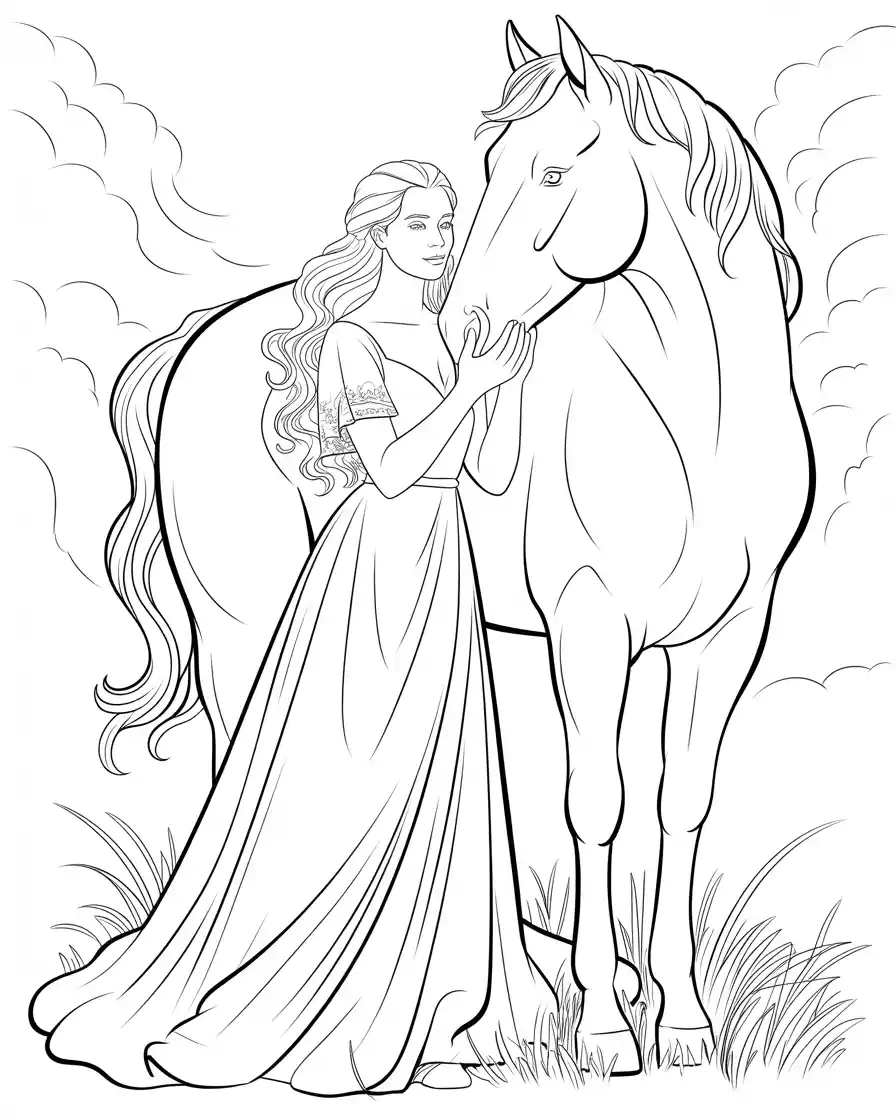 beautiful lady holding her horse coloring sheet 3