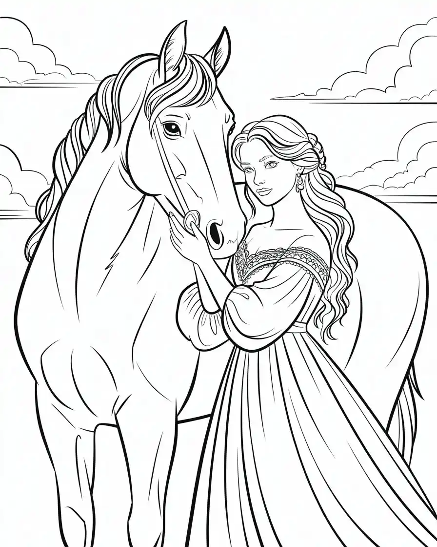 beautiful lady holding her horse coloring sheet