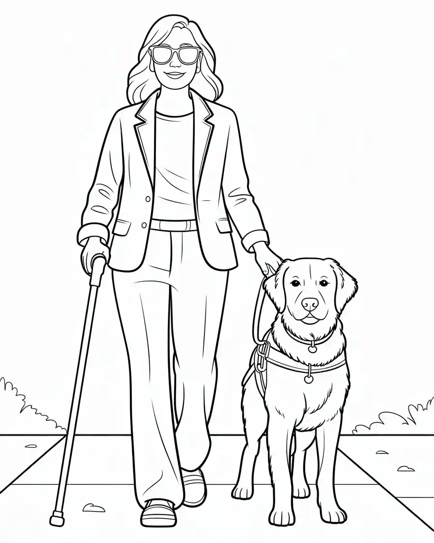 blind woman with service dog coloring page 1
