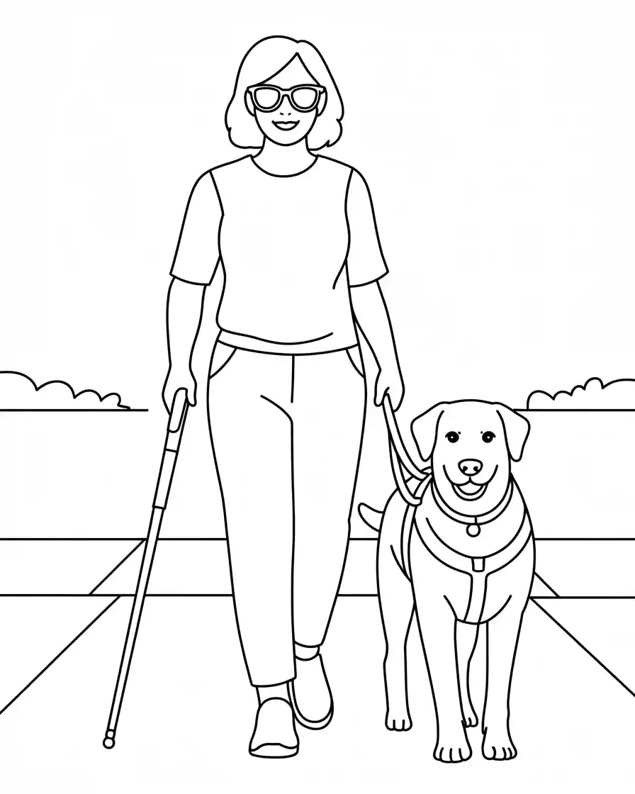 blind woman with service dog coloring page
