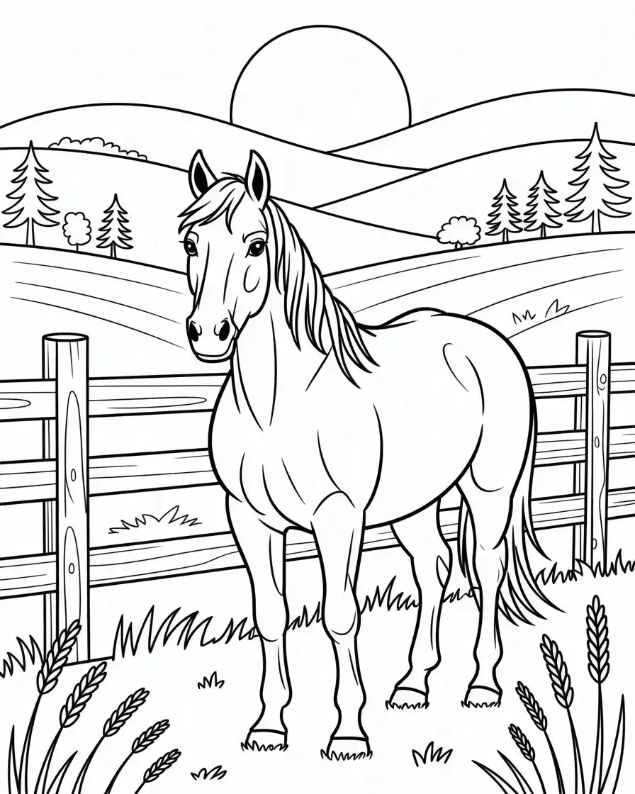 calm horse in fenced meadow coloring page 1
