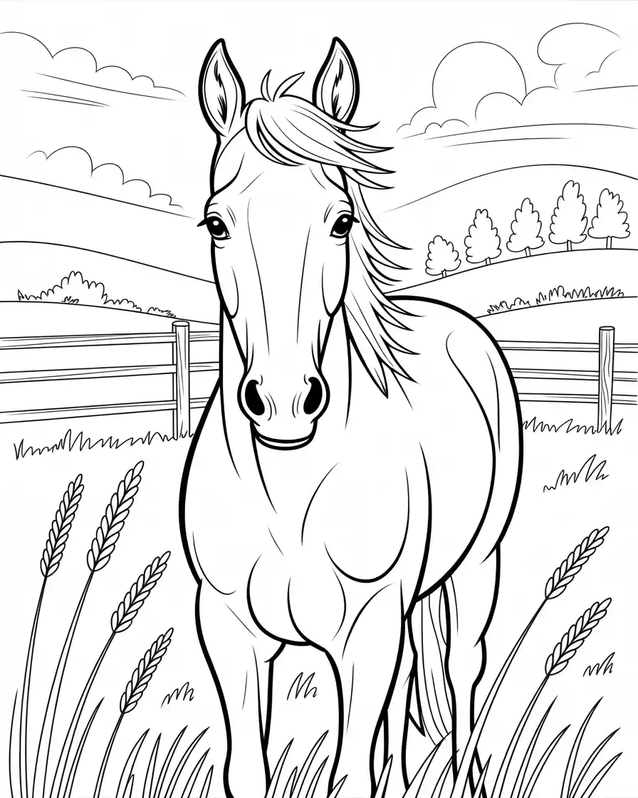 calm horse in fenced meadow coloring page 2