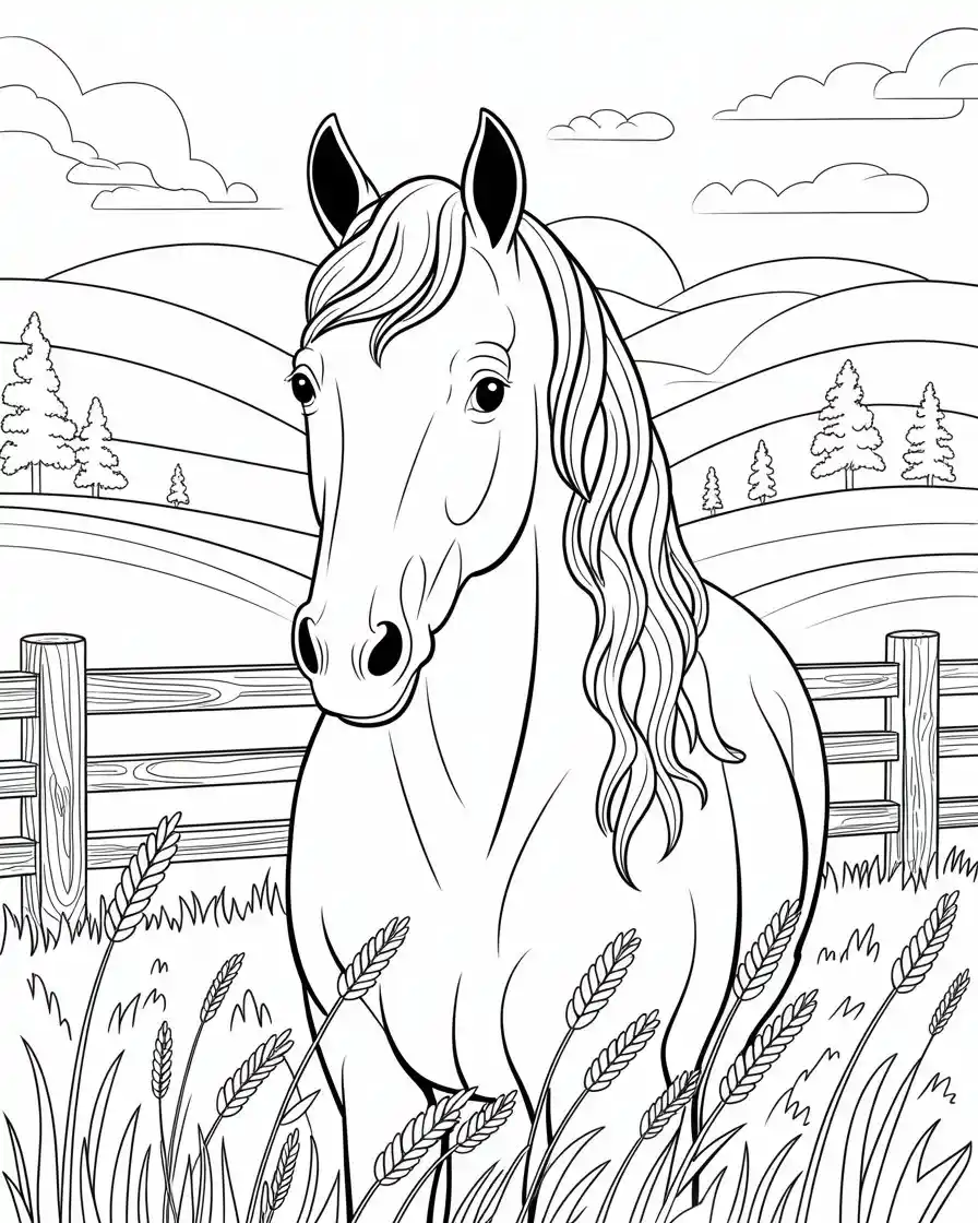 calm horse in fenced meadow coloring page