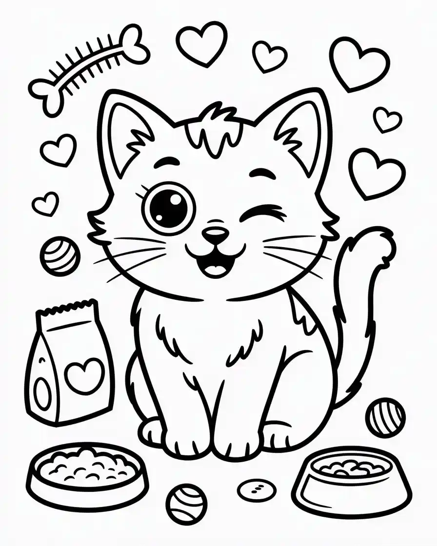 cartoon cat with food and toys coloring page 1