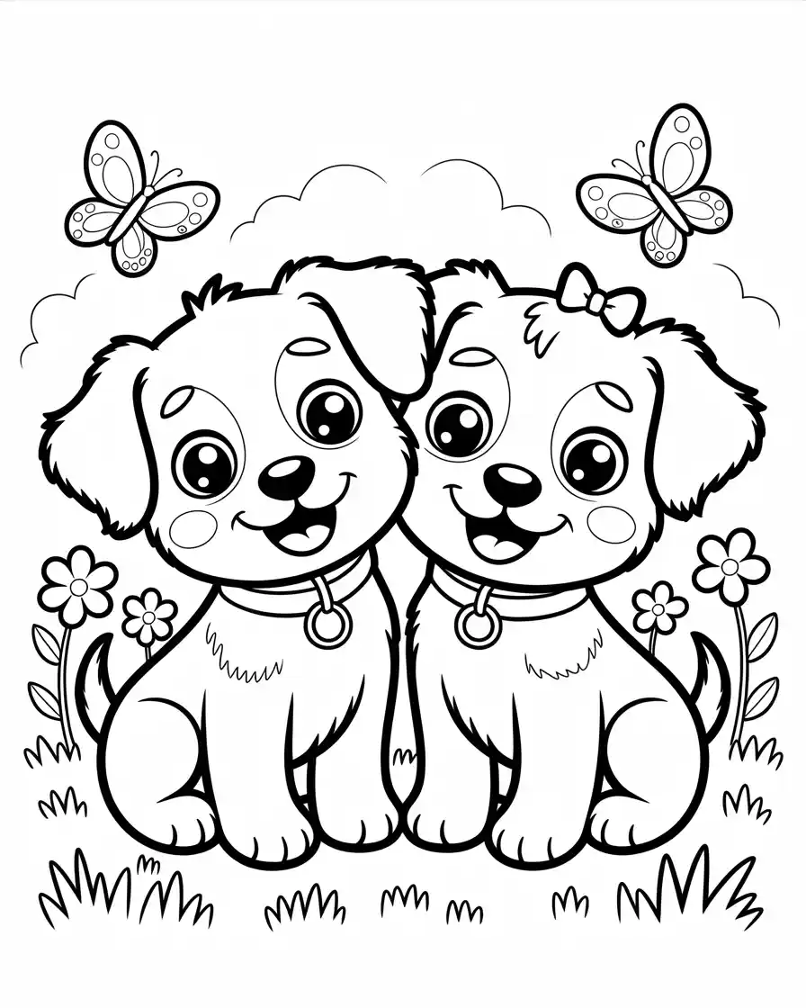 cartoon puppies in lawn coloring page