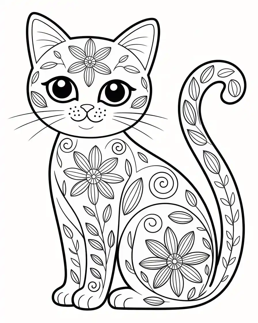 cat with floral swirls and petal pattern