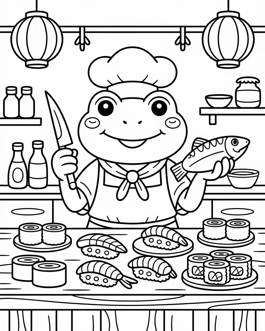 chef frog making sushi in the kitchen 1