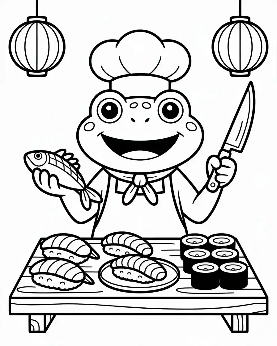 chef frog making sushi in the kitchen
