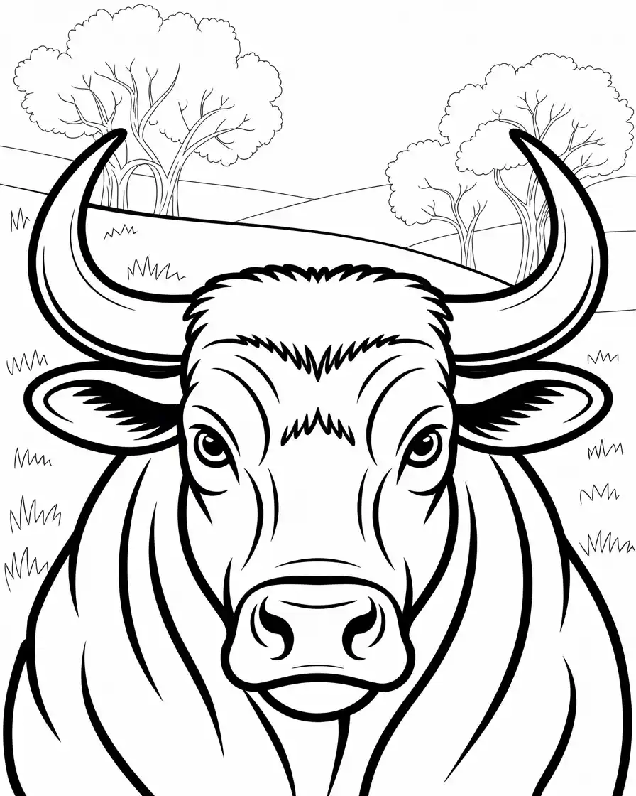close up of cow face with horns coloring page 1