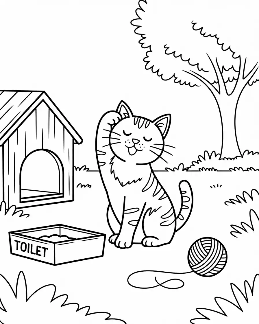 coloring page of cat cleaning itself