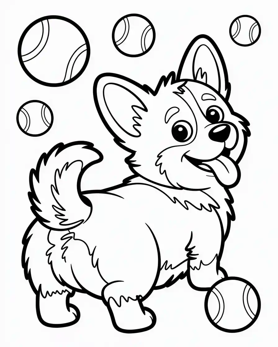 corgi back view with tennis balls coloring page
