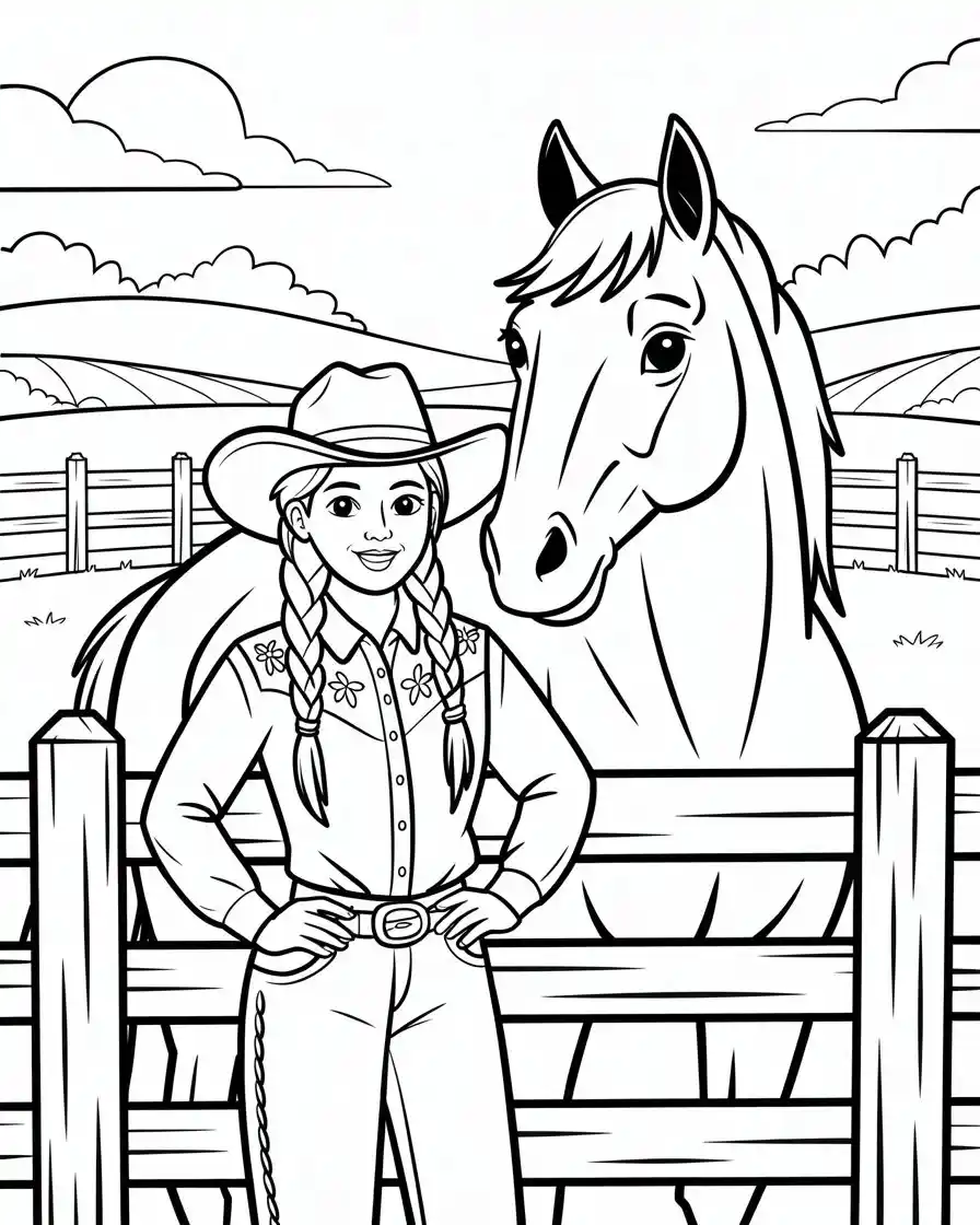 cowgirl with horse behind fence coloring page 1
