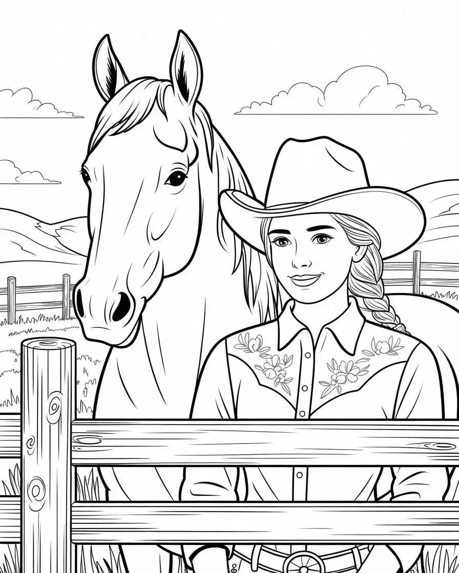 cowgirl with horse behind fence coloring page