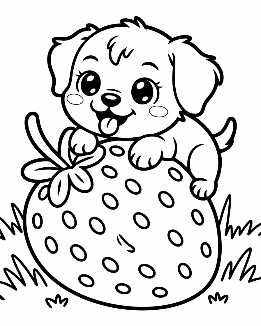 cute chibi dog on strawberry coloring page