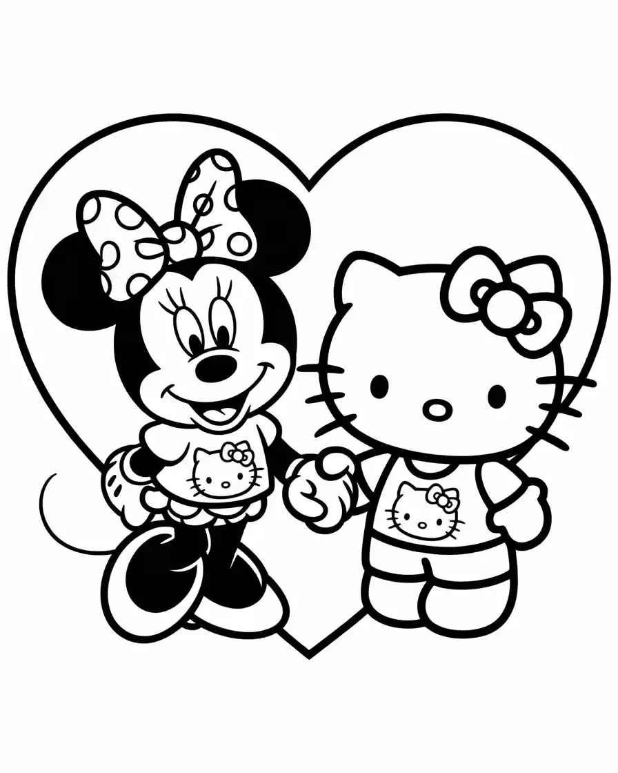 cute minnie mouse holding hand with hello kitty coloring page