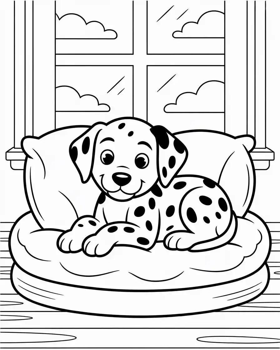 dalmatian puppy resting on dog bed.1