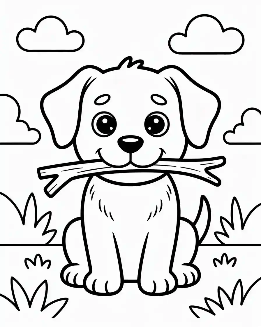 dog with stick coloring page 1