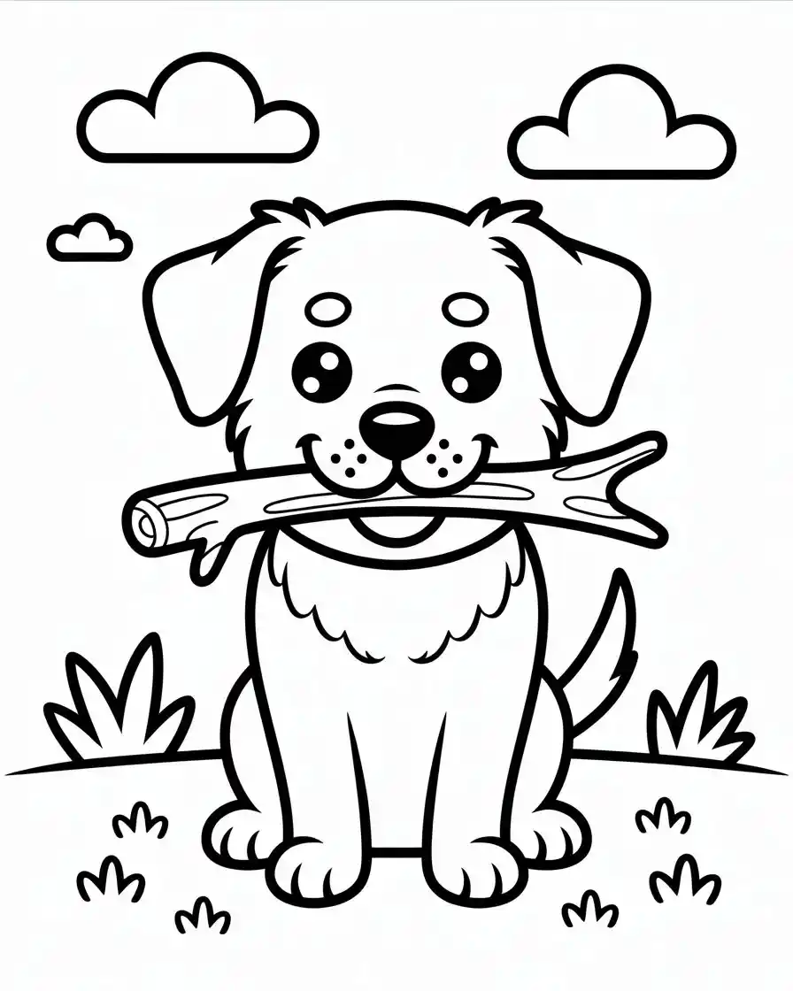 dog with stick coloring page