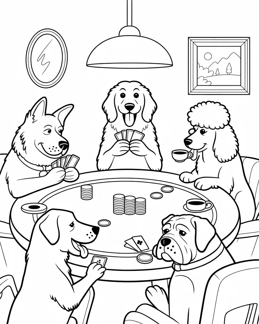 dogs playing poker coloring page