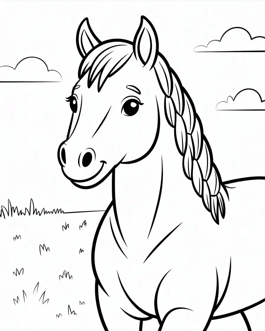 easy horse with braided mane coloring sheet 1