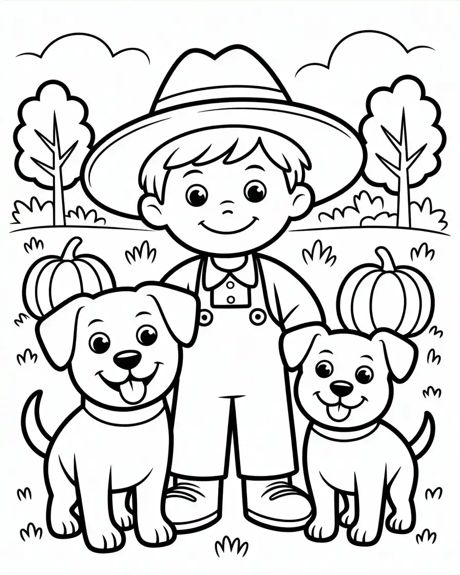 farmer boy with dogs coloring page