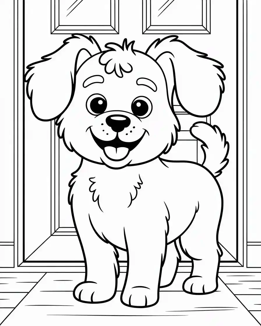 fluffy dog in front of door