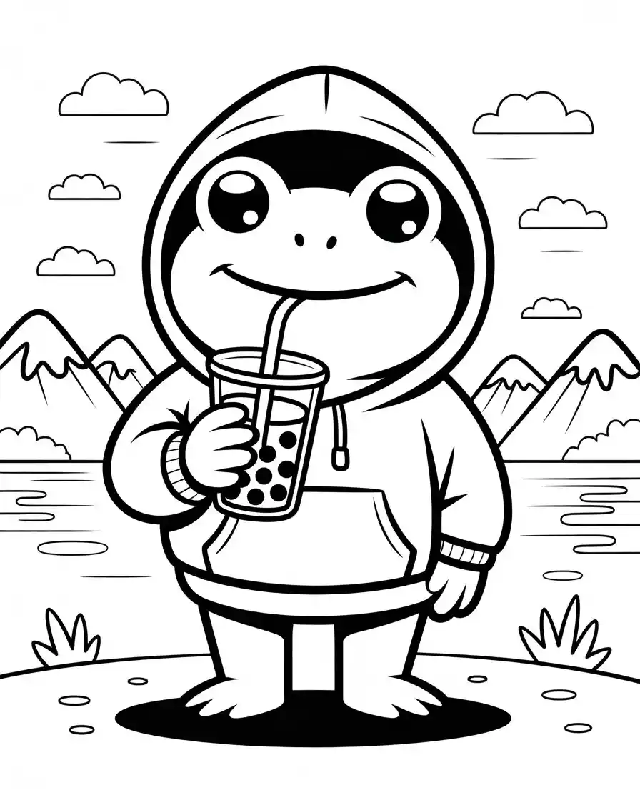 frog drinking boba coloring page