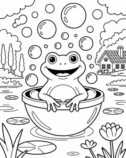 frog enjoying a bubble bath coloring page