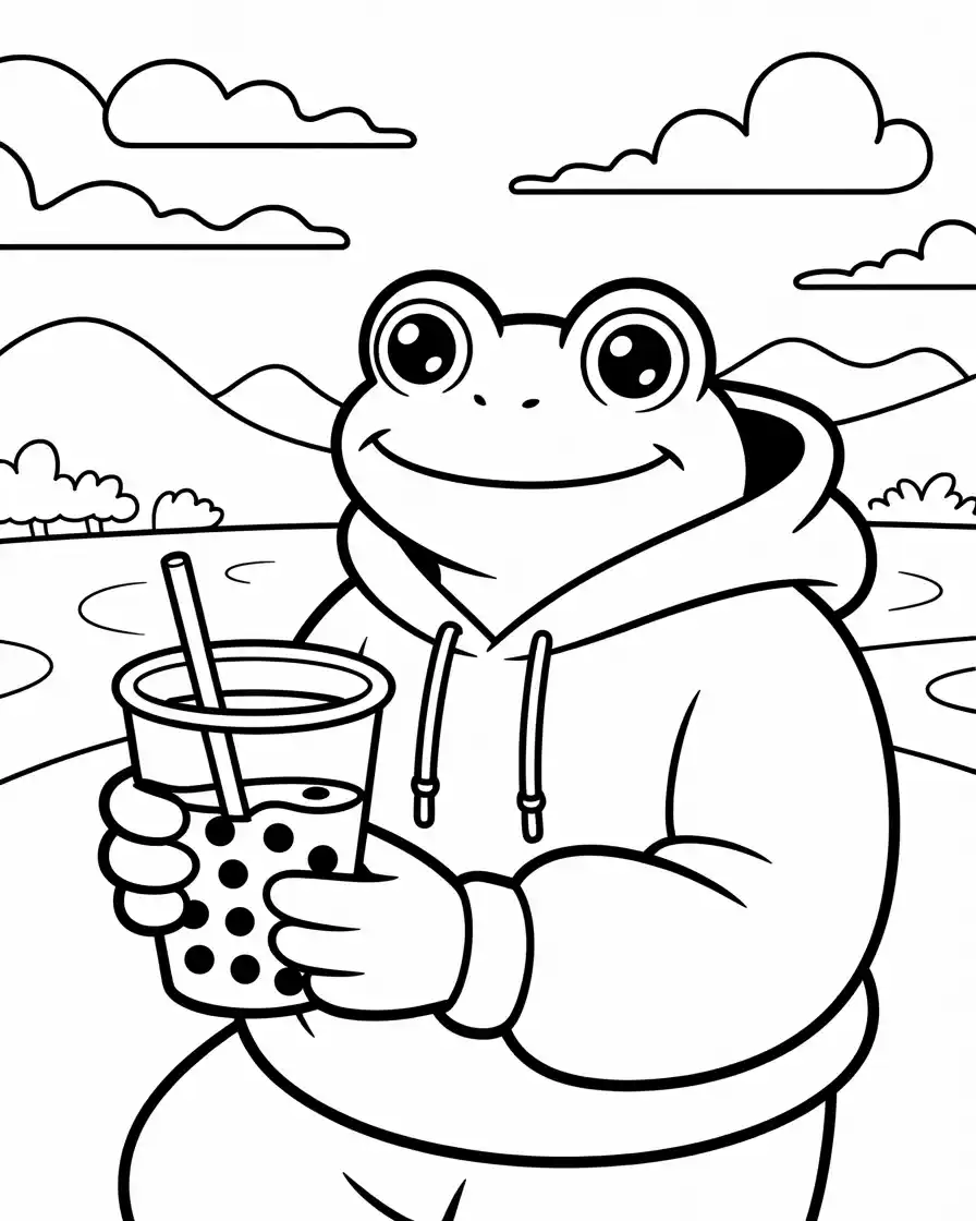 frog in hoodie drinking boba tea