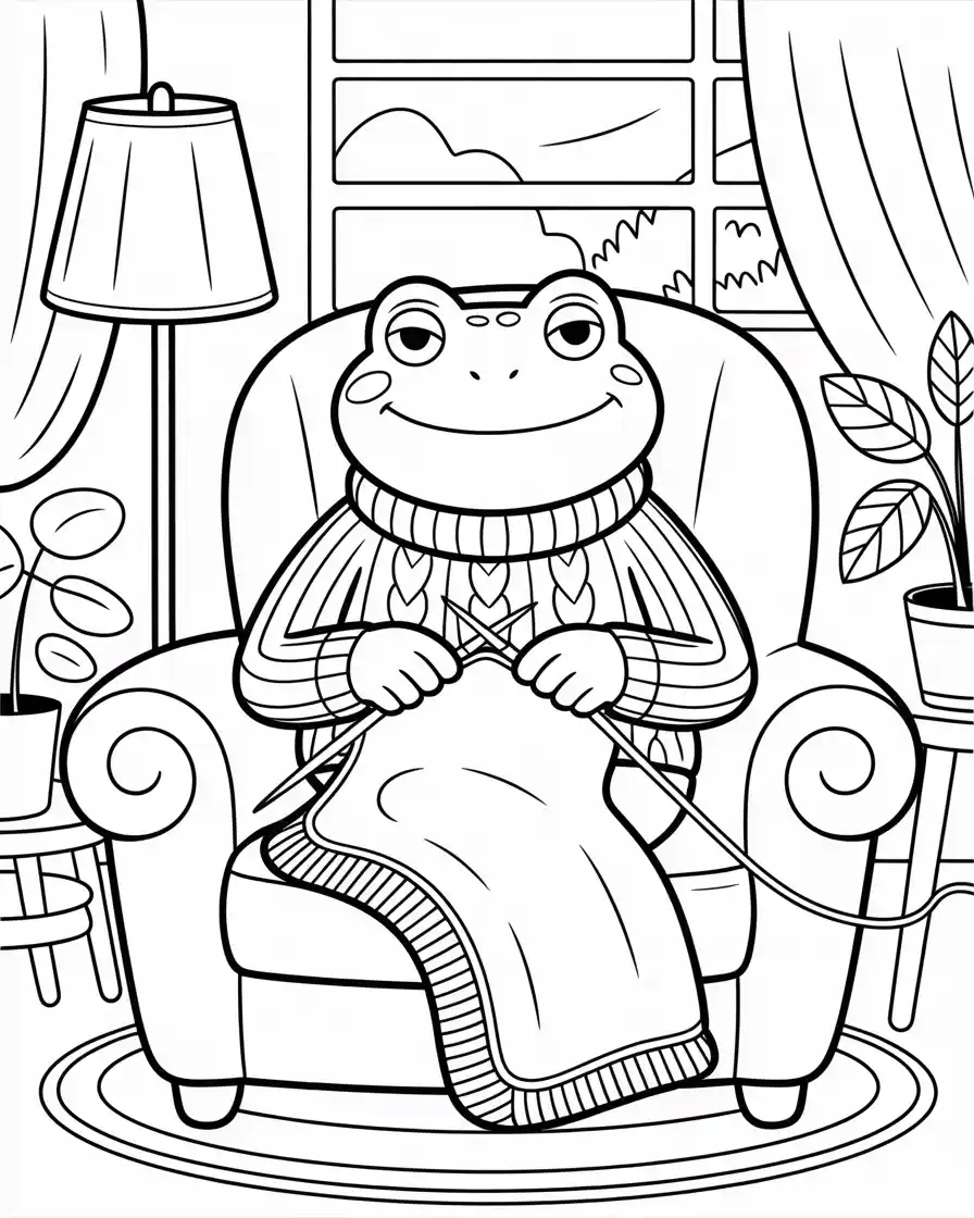 frog knitting in a cozy armchair coloring page
