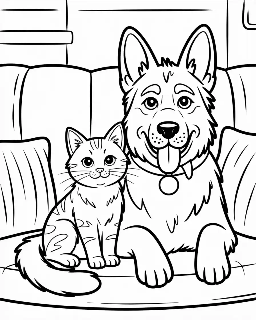 german shepherd and cat coloring page