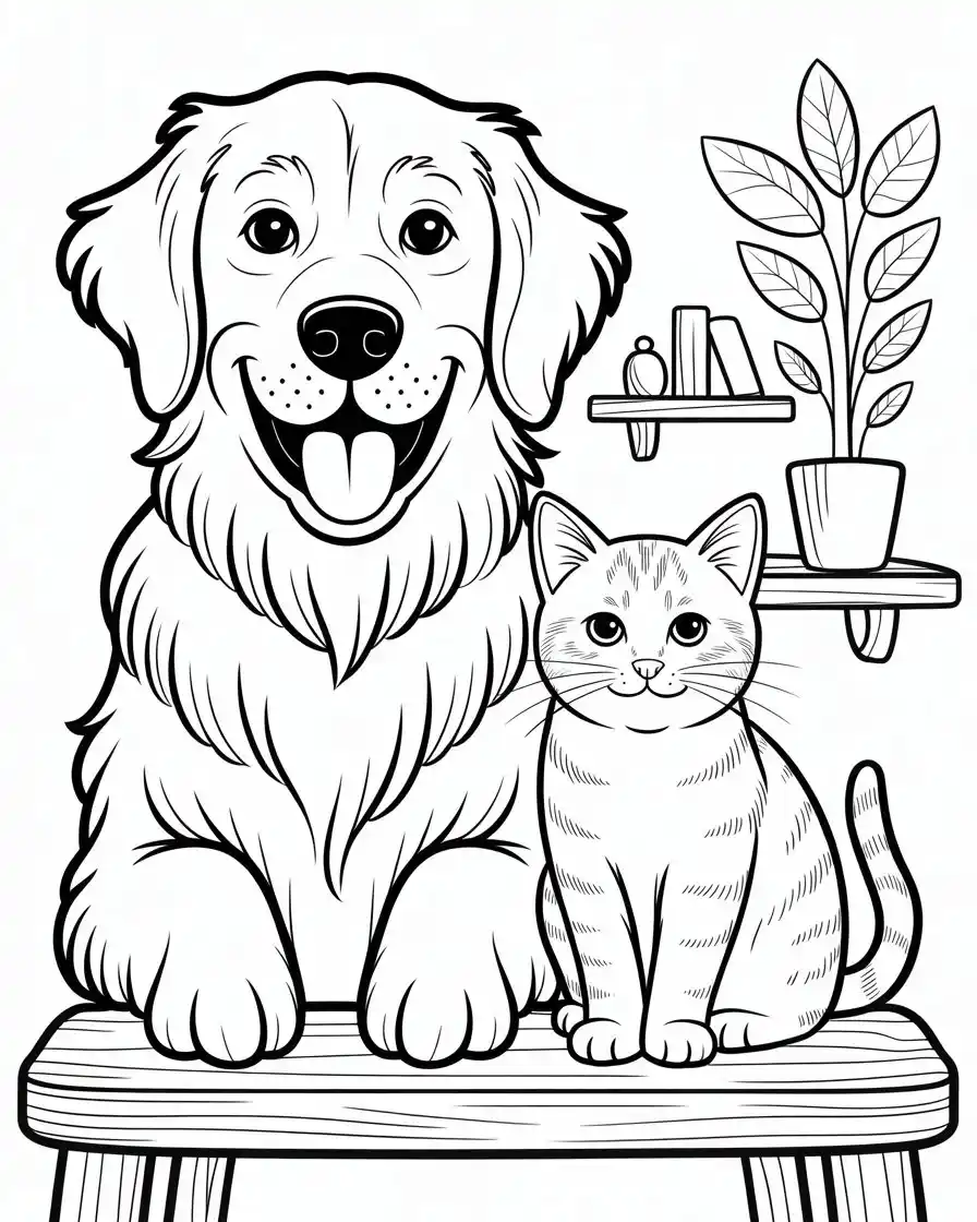 golden retriever and cat coloring page 1
