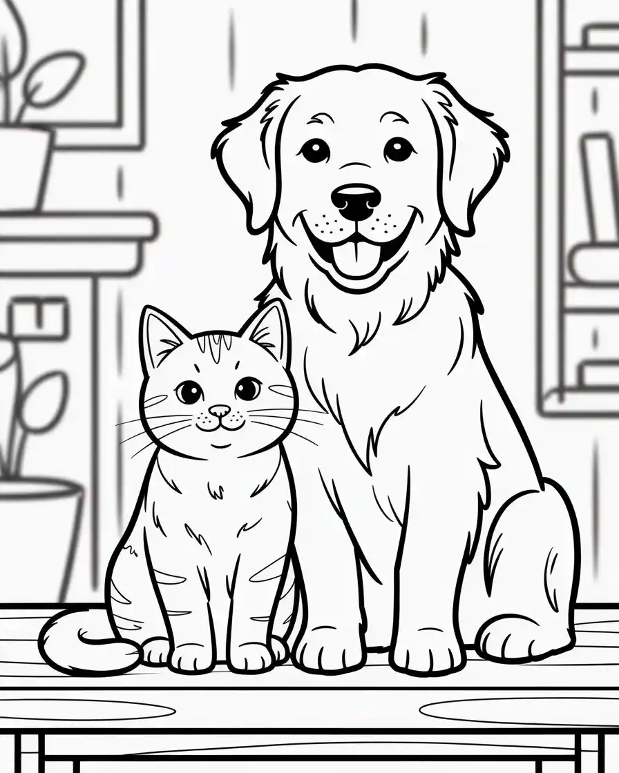 golden retriever and cat coloring page