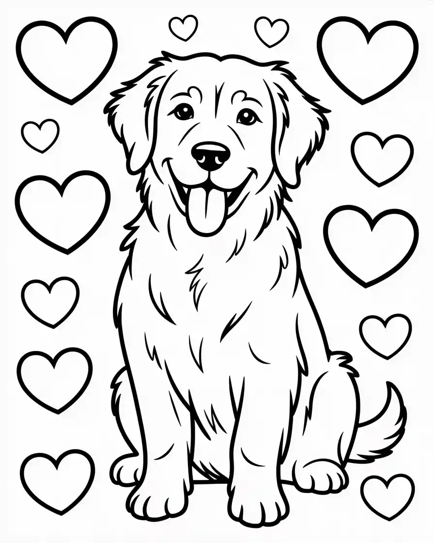 golden retriever with hearts coloring page 1