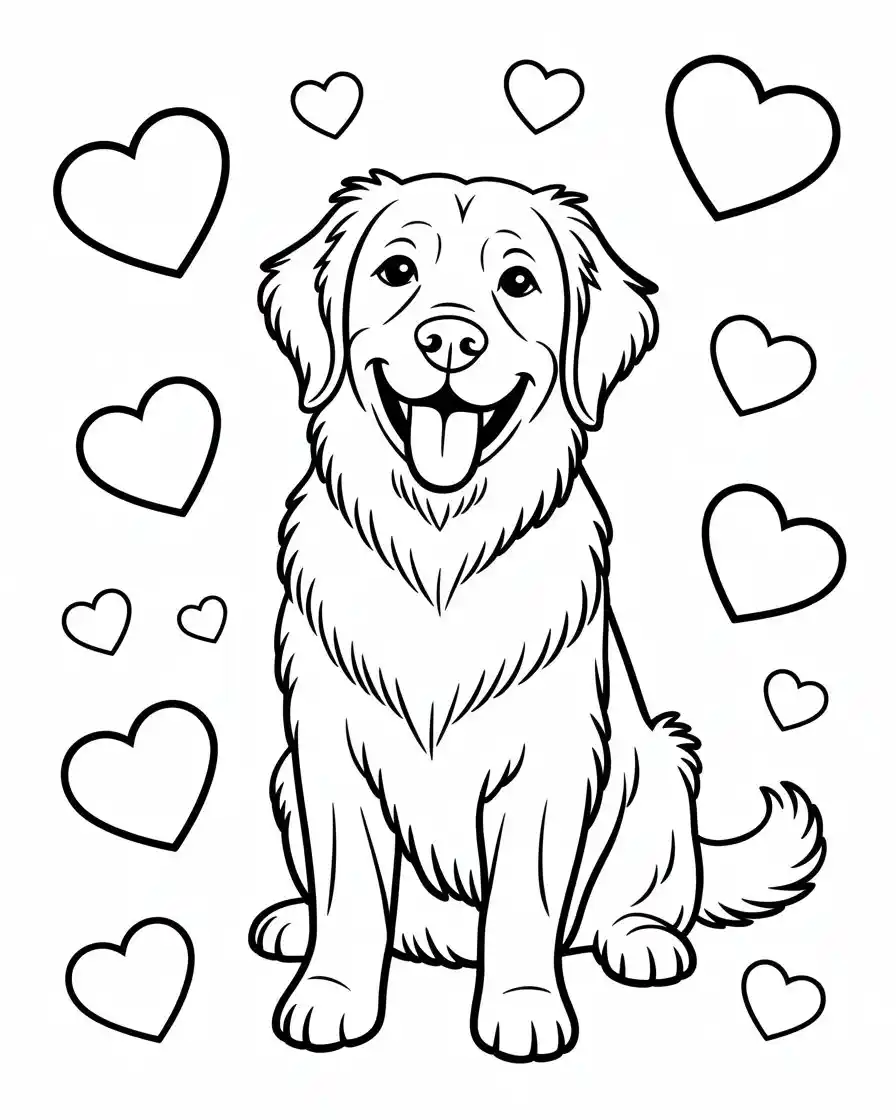 golden retriever with hearts coloring page