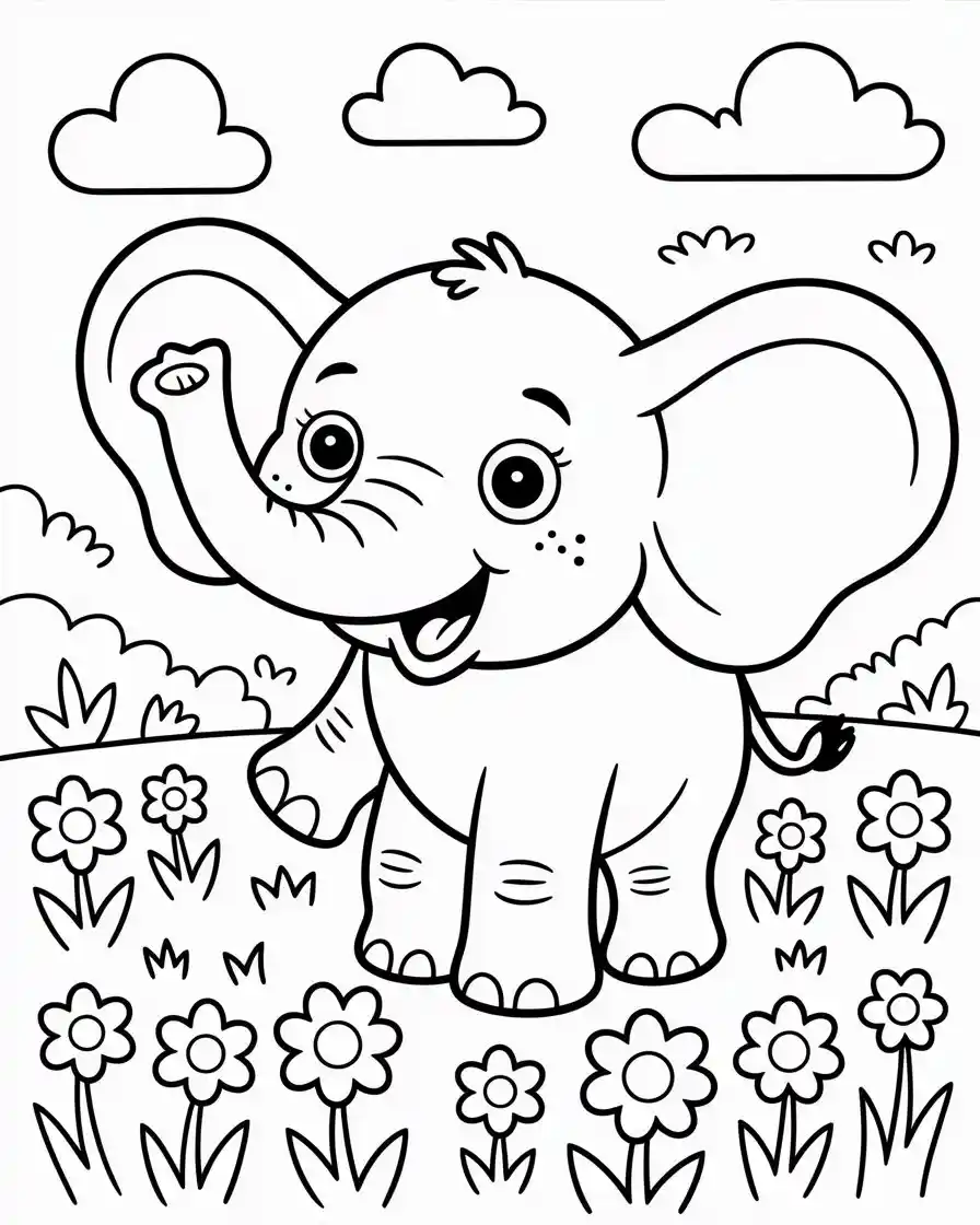happy cartoon elephant in flower field