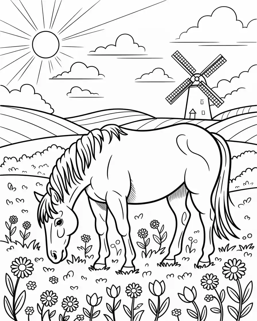 horse eating grass in meadow