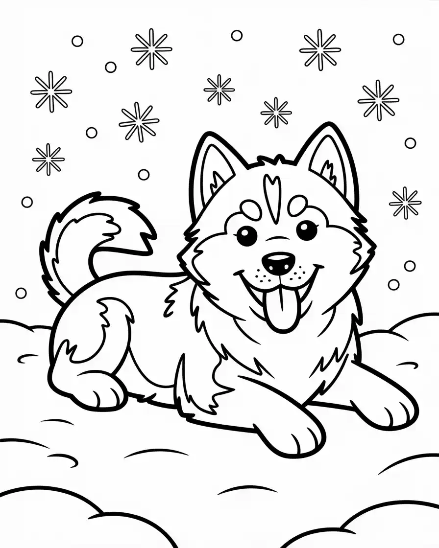 husky in the snow coloring page 1