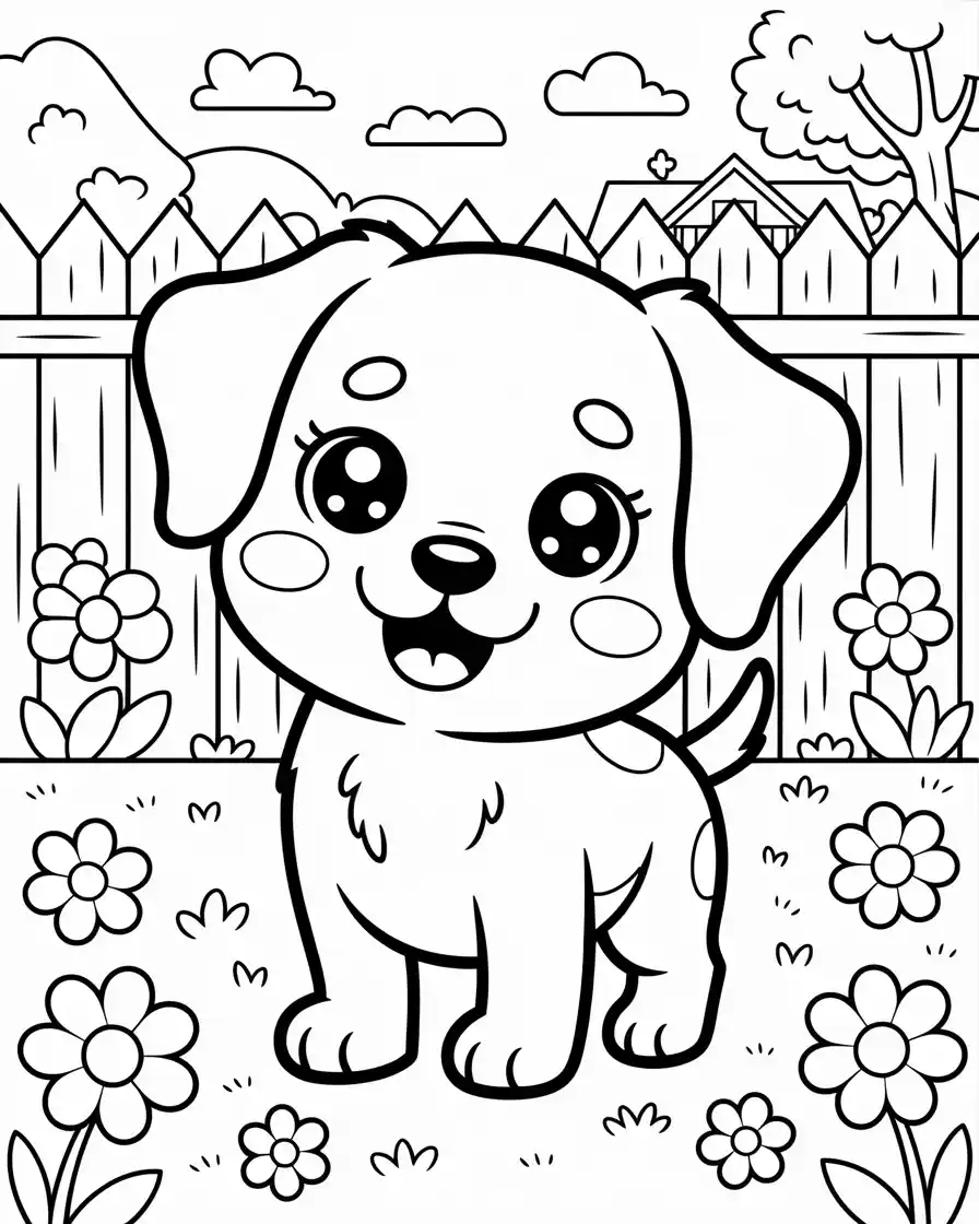 kawaii cartoon dog in backyard