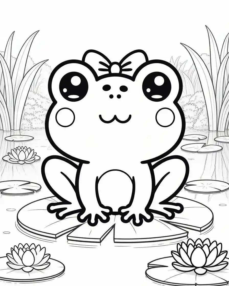kawaii frog on lily pad coloring page