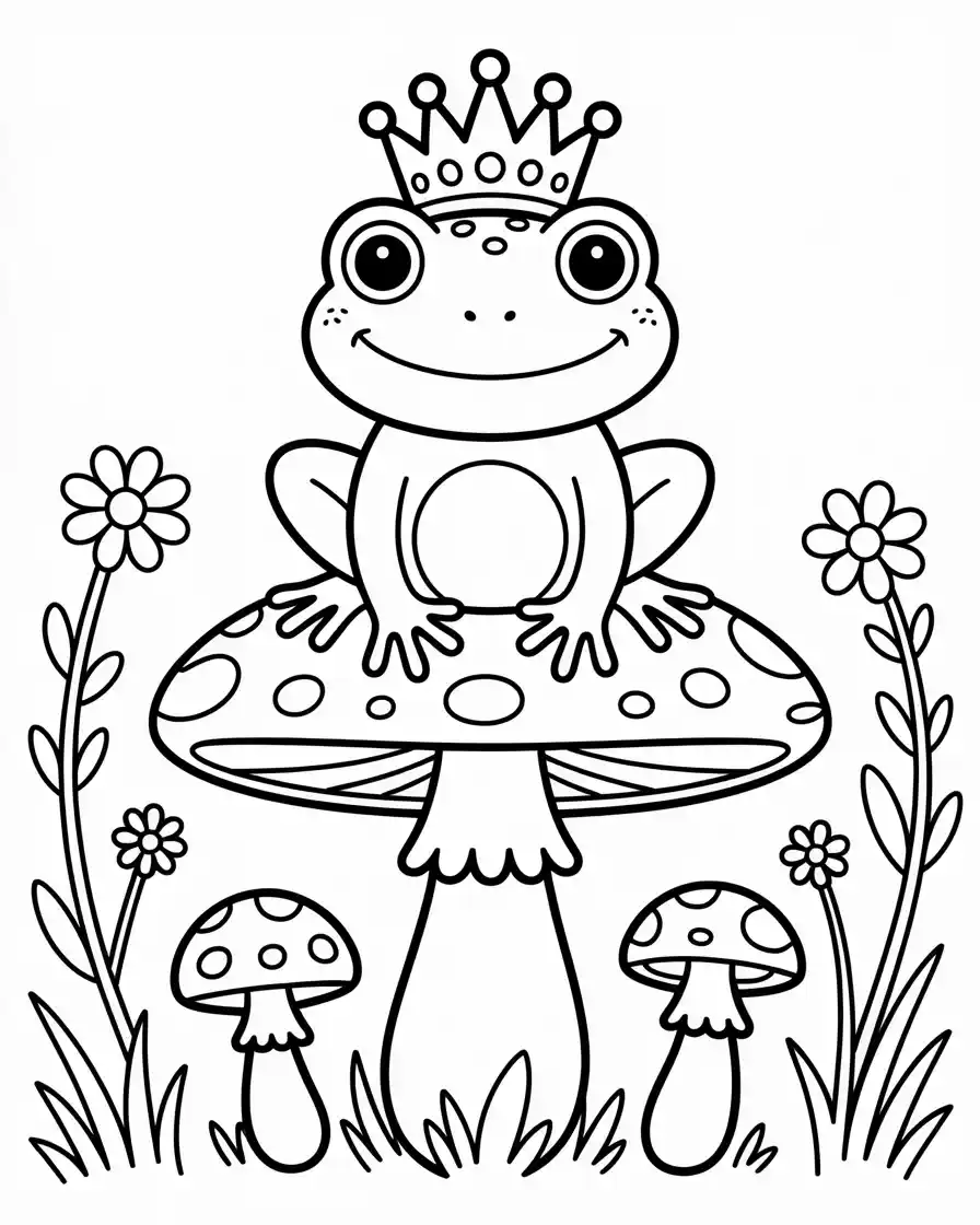 king frog sitting on mushroom