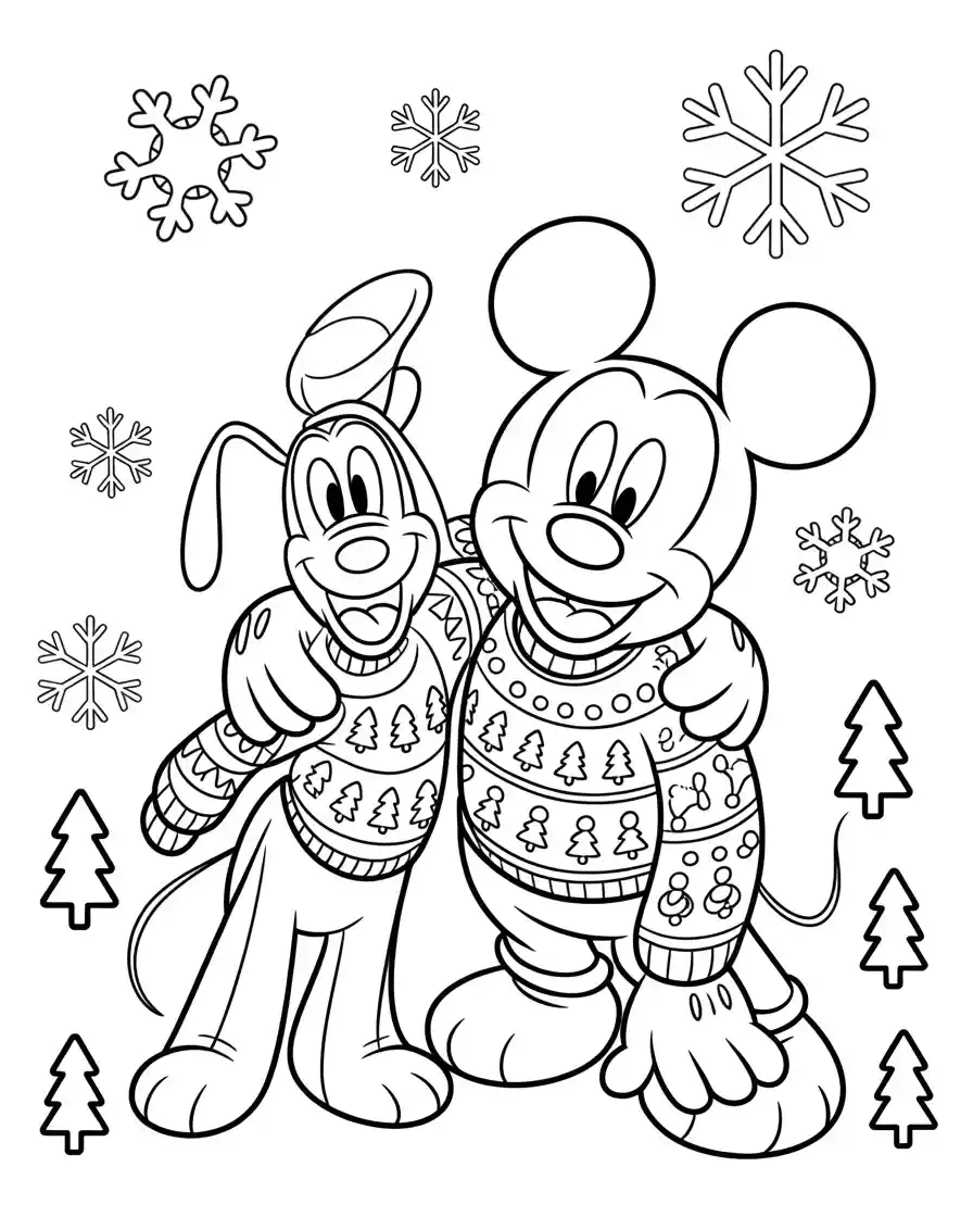 mickey mouse and pluto wearing christmas sweaters