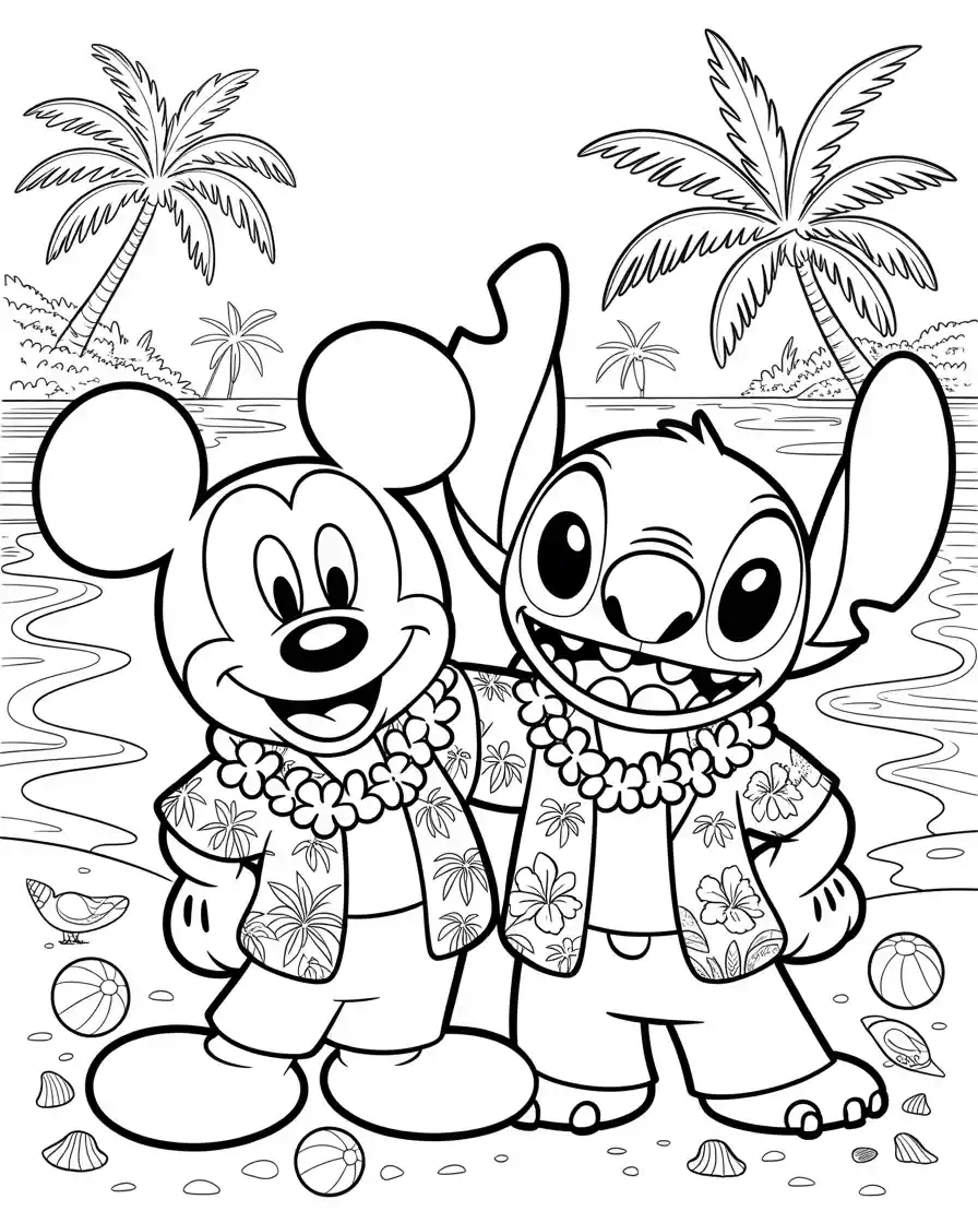 mickey mouse and stitch dressed for the beach